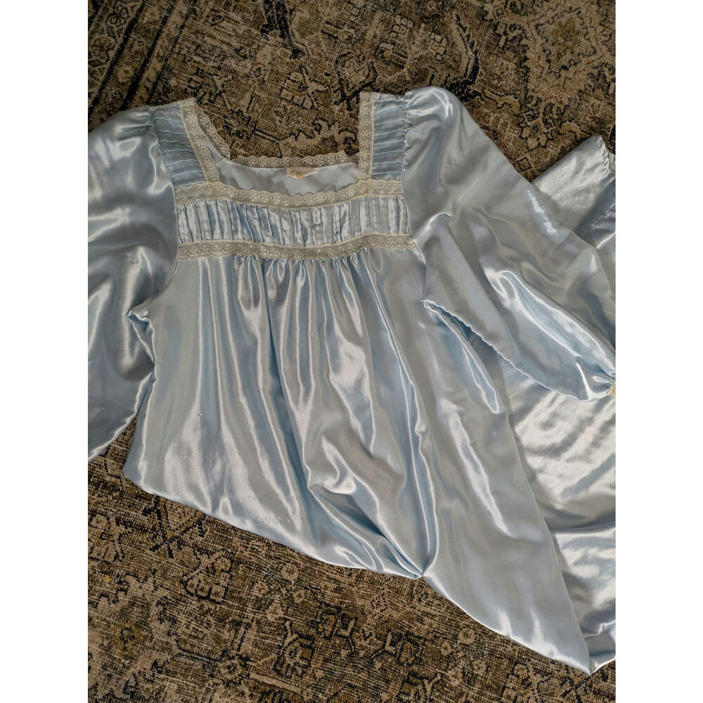 Vintage Blue Satin Long Nightgown Square Neck Lace Trim Cottagecore Sleepwear